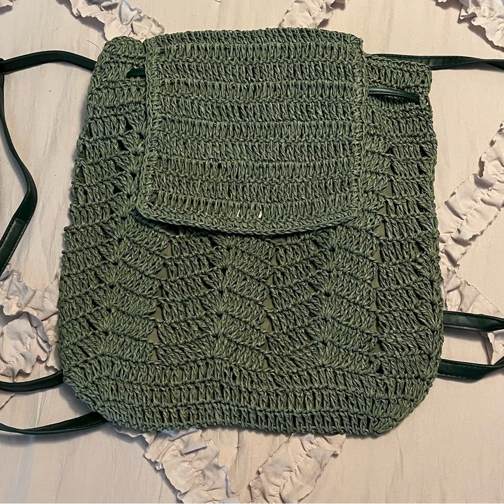 8 Other Reasons Olive Crochet Straw Backpack NWOT